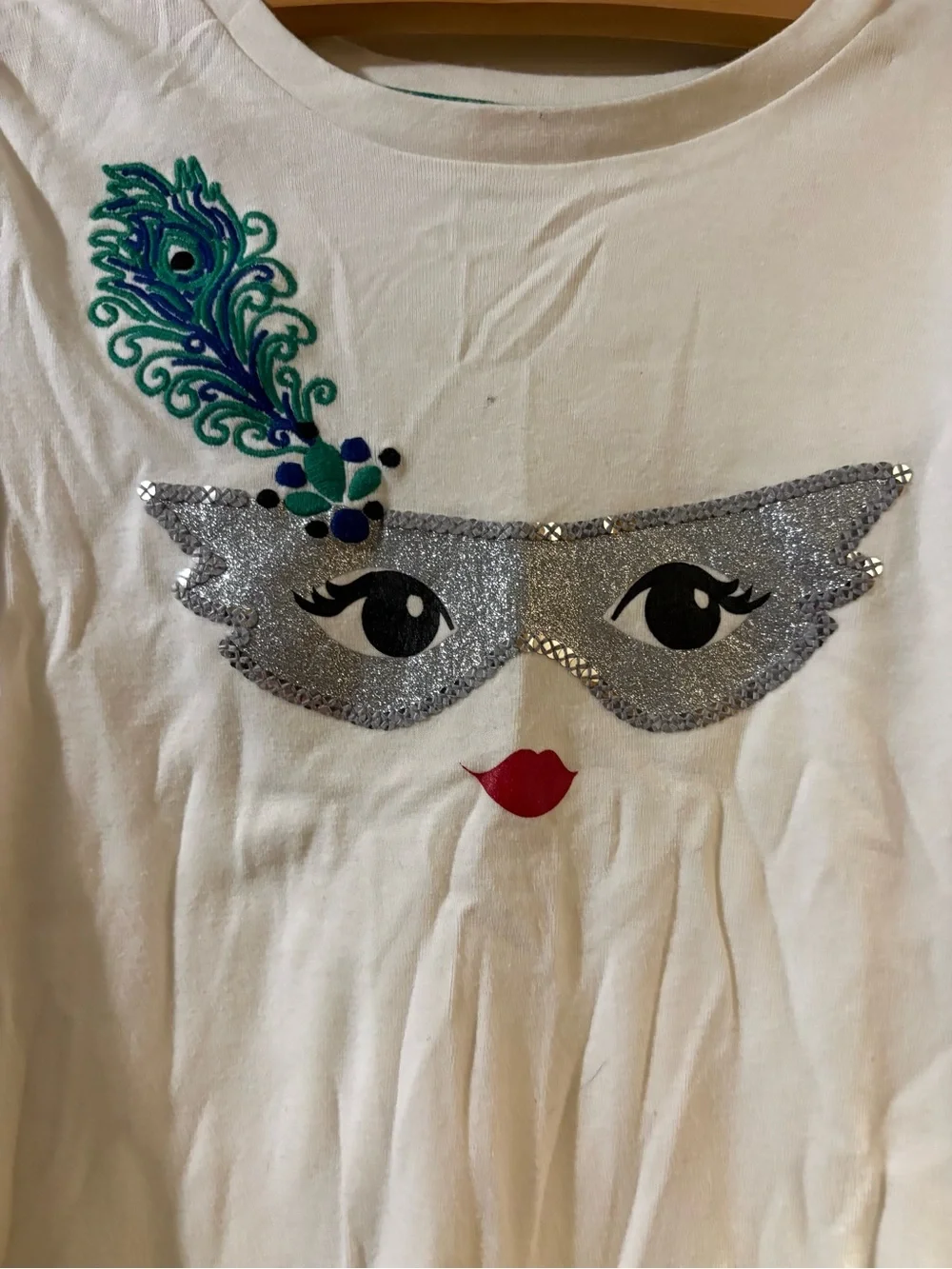Gymboree White Long Sleeve Mask Face Top with Teal Feather
